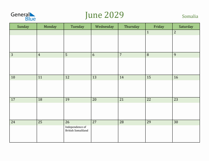 June 2029 Calendar with Somalia Holidays