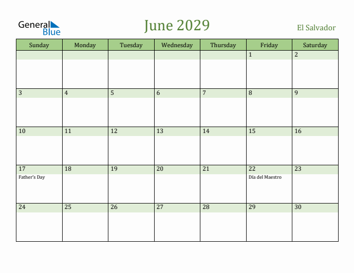 June 2029 Calendar with El Salvador Holidays