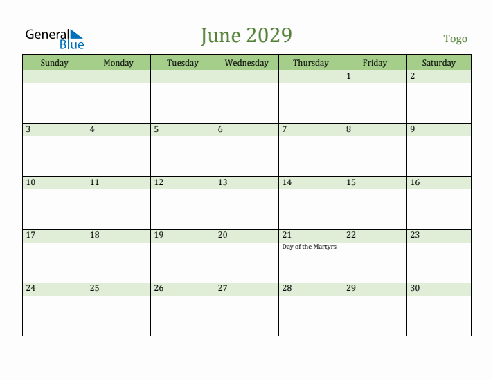 June 2029 Calendar with Togo Holidays