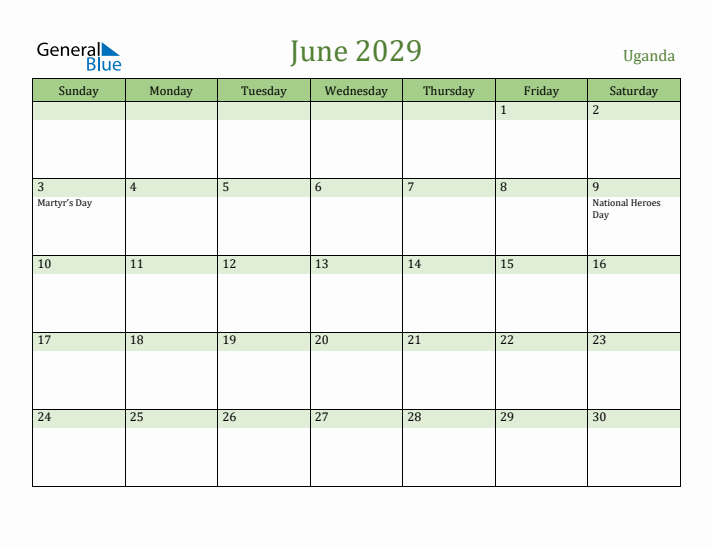 June 2029 Calendar with Uganda Holidays