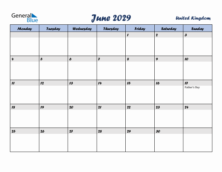 June 2029 Calendar with Holidays in United Kingdom