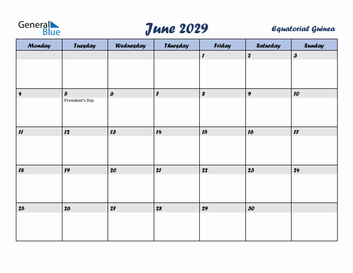 June 2029 Calendar with Holidays in Equatorial Guinea