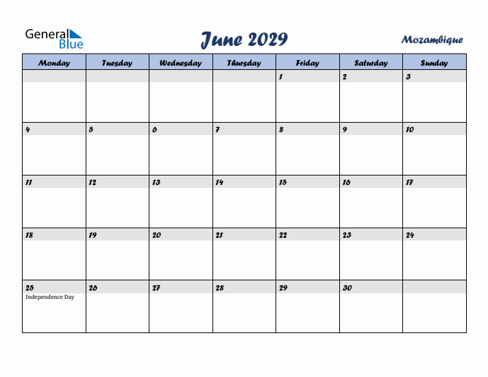 June 2029 Calendar with Holidays in Mozambique