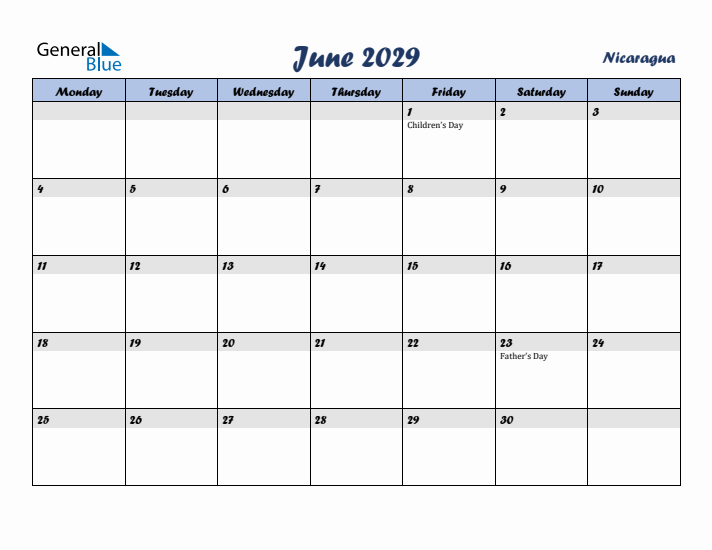 June 2029 Calendar with Holidays in Nicaragua