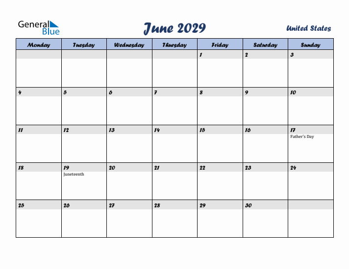 June 2029 Calendar with Holidays in United States