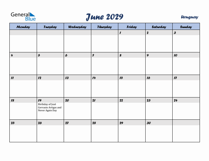 June 2029 Calendar with Holidays in Uruguay