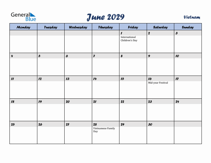 June 2029 Calendar with Holidays in Vietnam