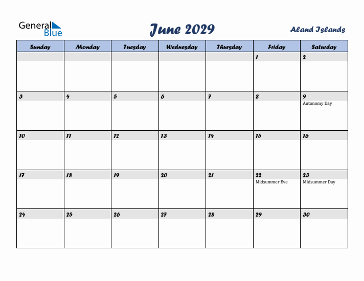 June 2029 Calendar with Holidays in Aland Islands