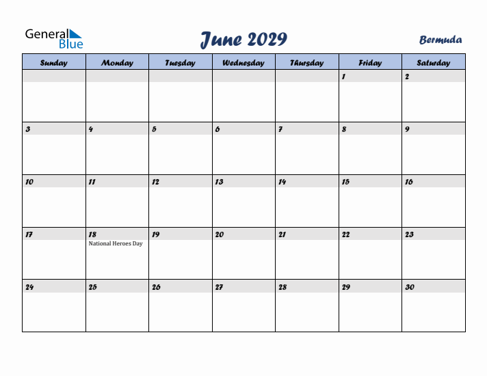 June 2029 Calendar with Holidays in Bermuda