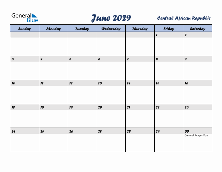 June 2029 Calendar with Holidays in Central African Republic