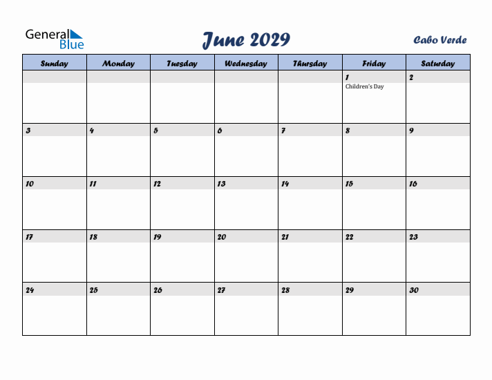 June 2029 Calendar with Holidays in Cabo Verde