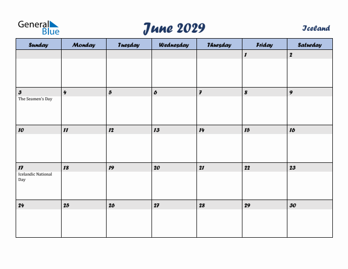 June 2029 Calendar with Holidays in Iceland