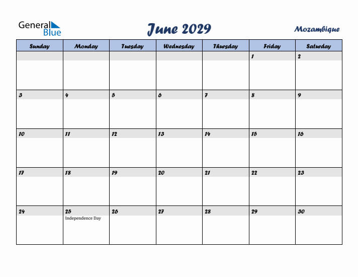 June 2029 Calendar with Holidays in Mozambique