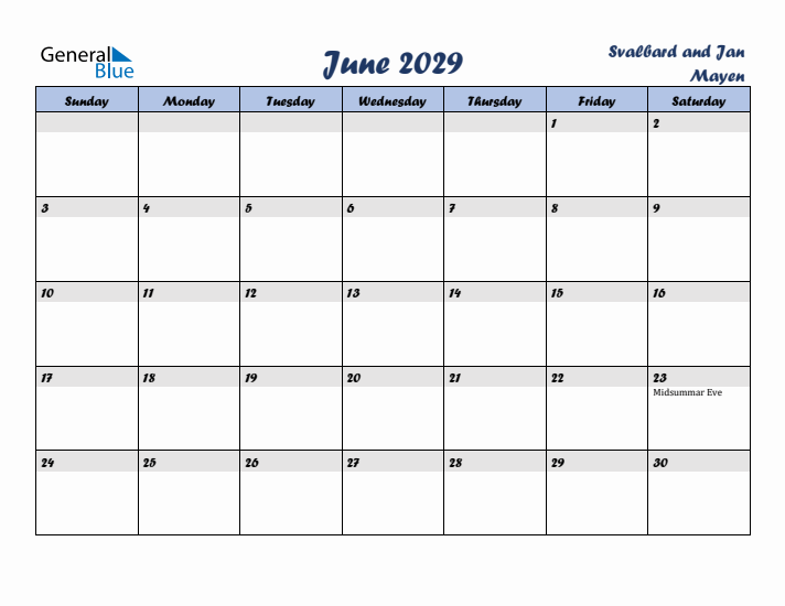 June 2029 Calendar with Holidays in Svalbard and Jan Mayen