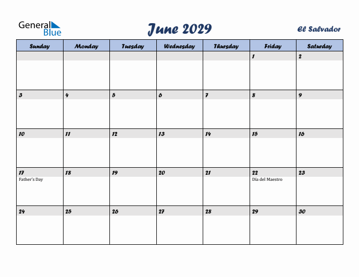 June 2029 Calendar with Holidays in El Salvador