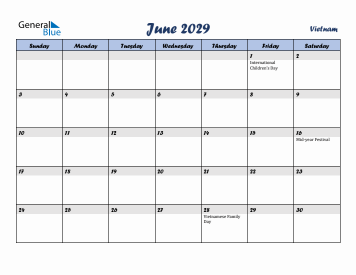 June 2029 Calendar with Holidays in Vietnam