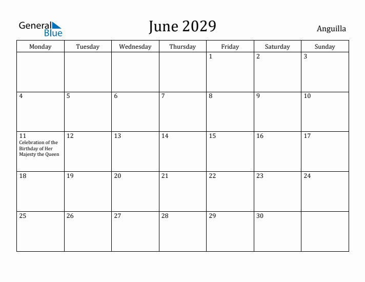 June 2029 Calendar Anguilla