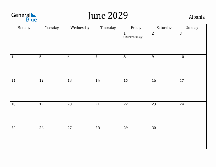 June 2029 Calendar Albania