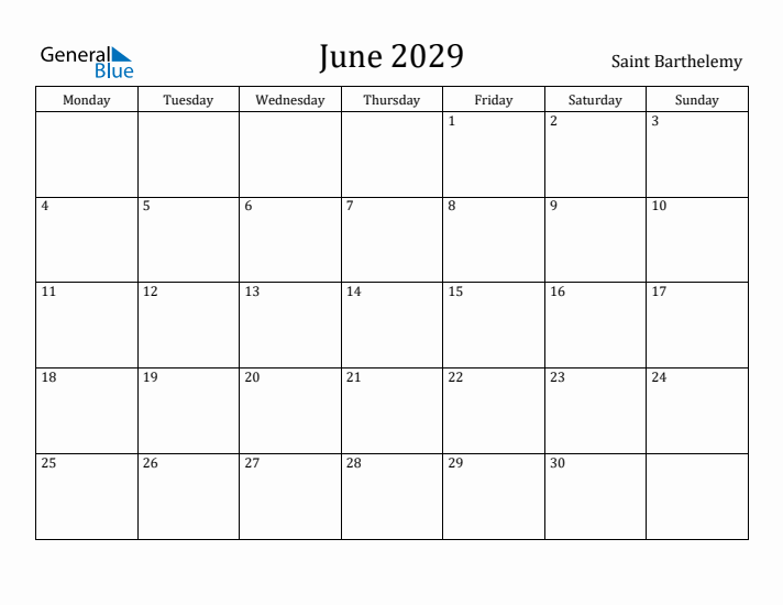 June 2029 Calendar Saint Barthelemy