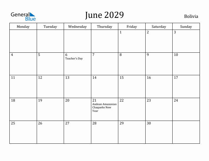 June 2029 Calendar Bolivia