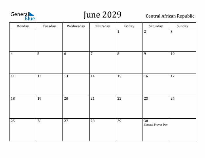 June 2029 Calendar Central African Republic