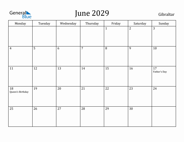 June 2029 Calendar Gibraltar