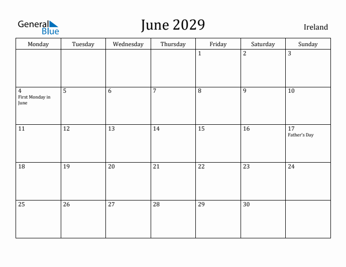 June 2029 Calendar Ireland