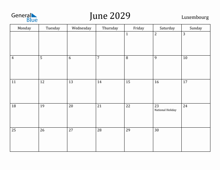 June 2029 Calendar Luxembourg