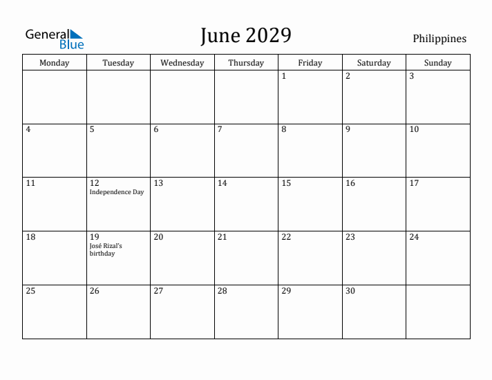 June 2029 Calendar Philippines