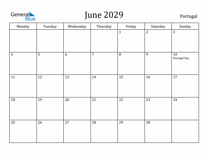 June 2029 Calendar Portugal