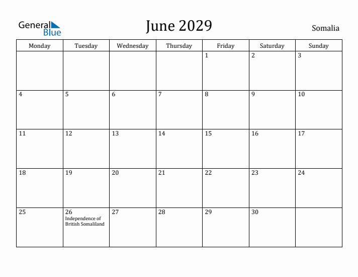 June 2029 Calendar Somalia