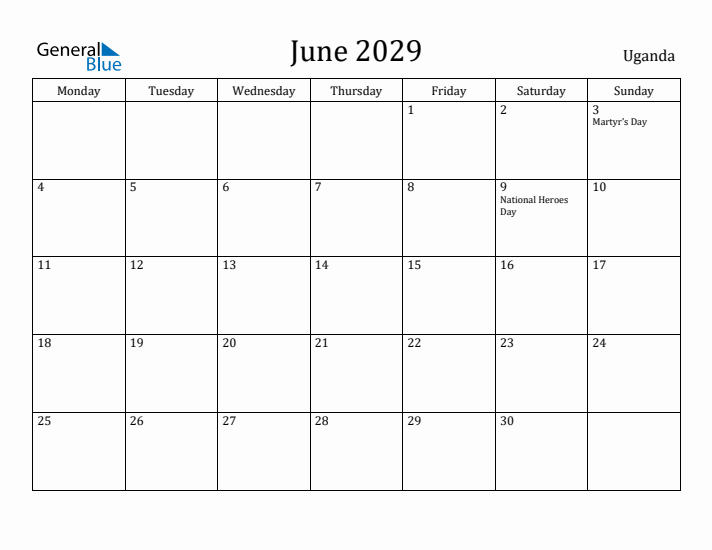 June 2029 Calendar Uganda