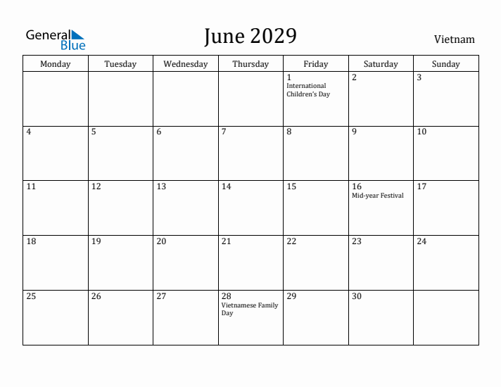 June 2029 Calendar Vietnam