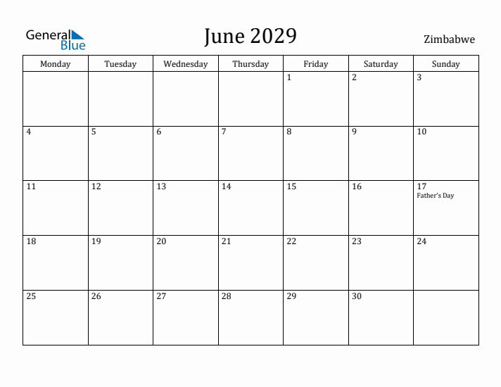 June 2029 Calendar Zimbabwe