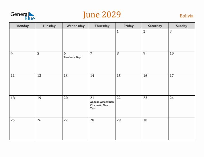 June 2029 Holiday Calendar with Monday Start