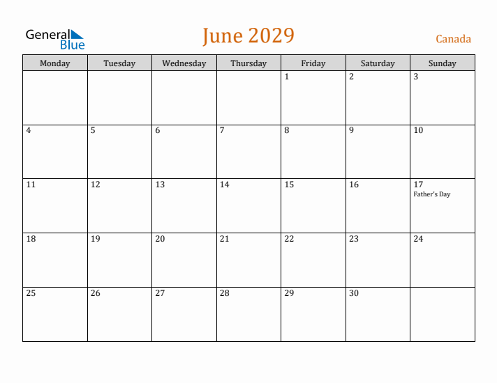 June 2029 Holiday Calendar with Monday Start