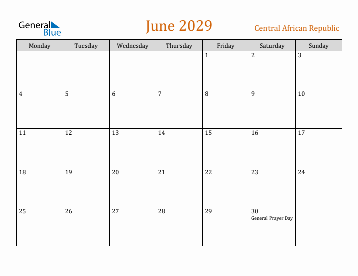 June 2029 Holiday Calendar with Monday Start