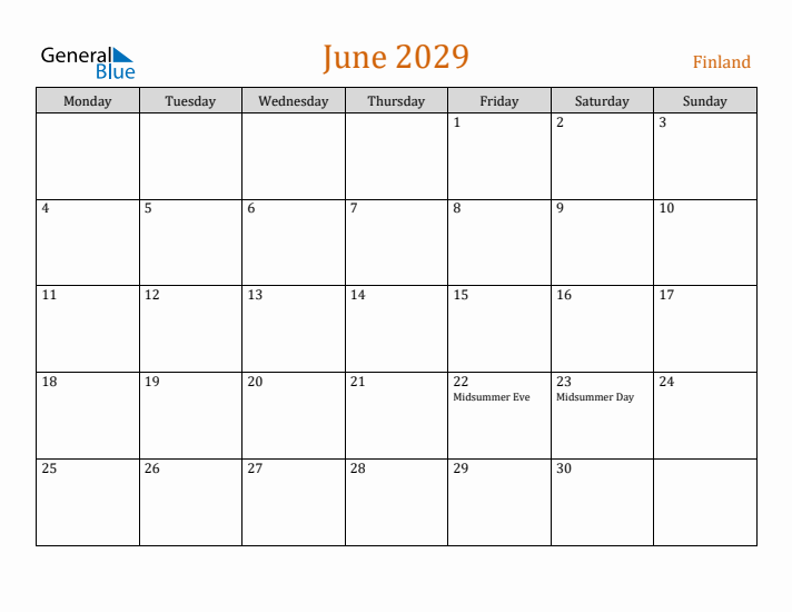 June 2029 Holiday Calendar with Monday Start