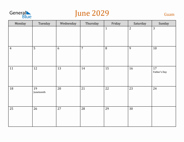 June 2029 Holiday Calendar with Monday Start