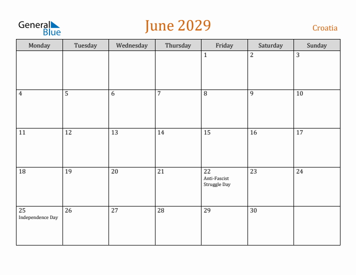 June 2029 Holiday Calendar with Monday Start