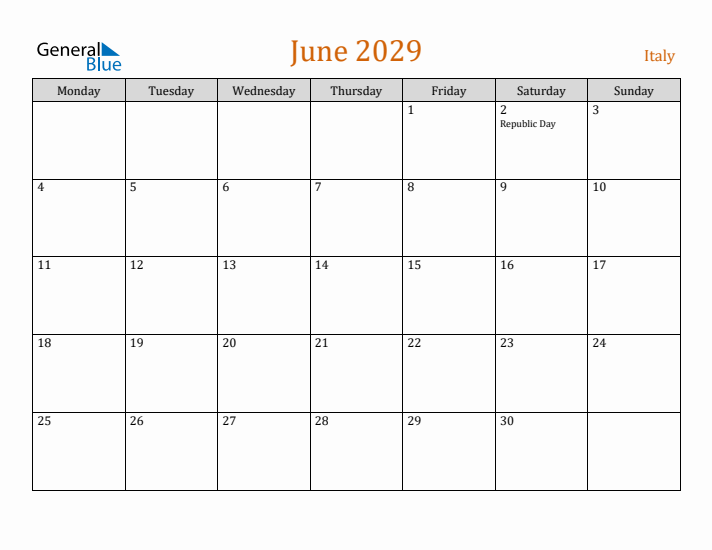 June 2029 Holiday Calendar with Monday Start