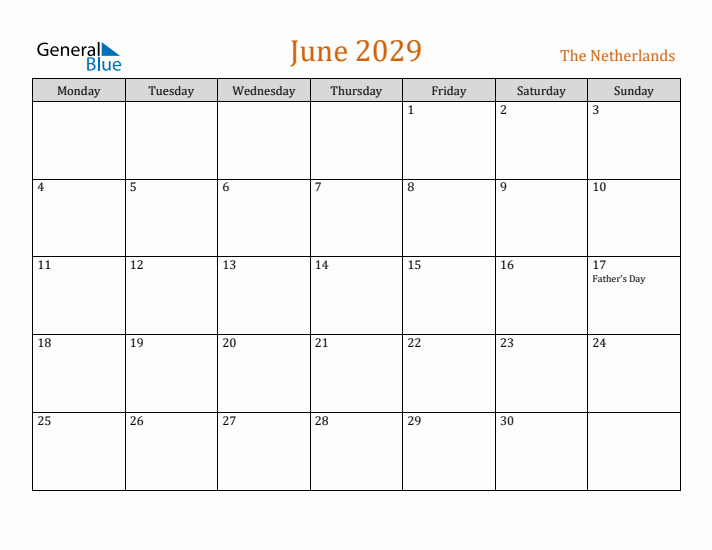 June 2029 Holiday Calendar with Monday Start