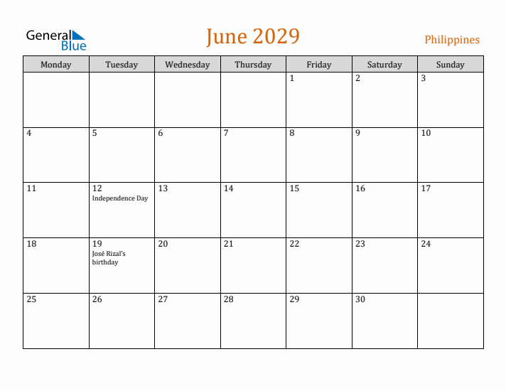 June 2029 Holiday Calendar with Monday Start