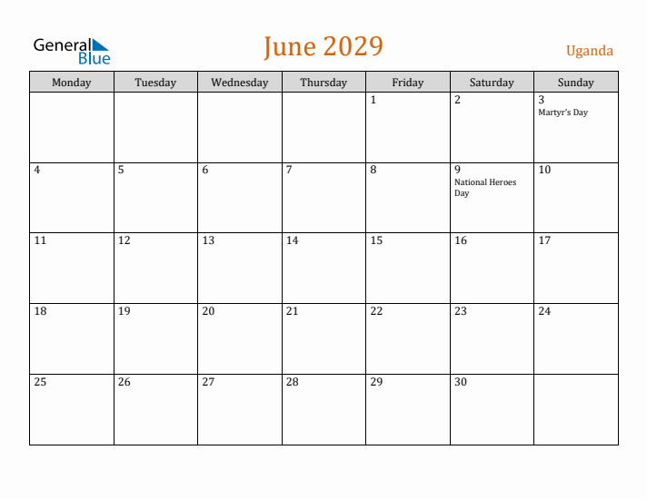 June 2029 Holiday Calendar with Monday Start