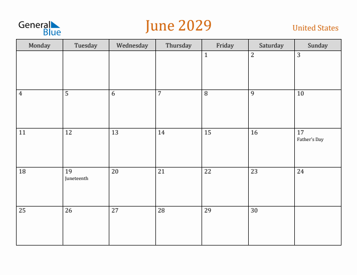 June 2029 Holiday Calendar with Monday Start