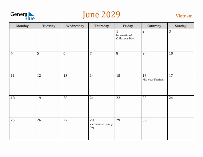 June 2029 Holiday Calendar with Monday Start