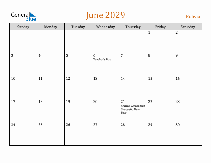 June 2029 Holiday Calendar with Sunday Start