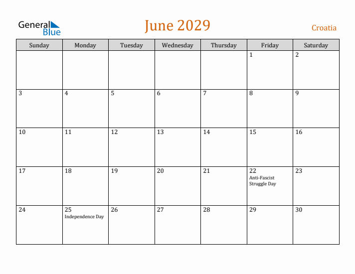 June 2029 Holiday Calendar with Sunday Start