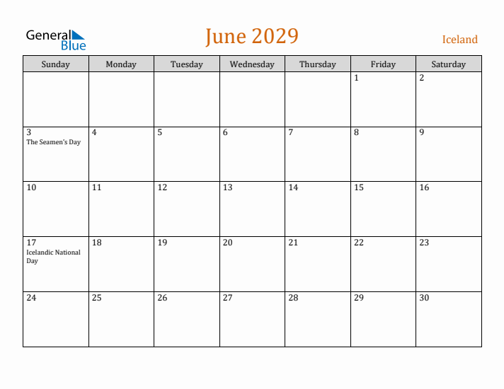 June 2029 Holiday Calendar with Sunday Start