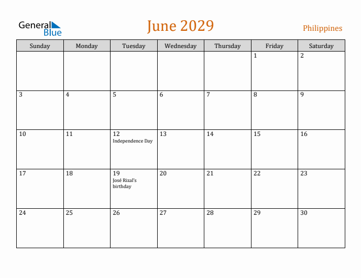 June 2029 Holiday Calendar with Sunday Start